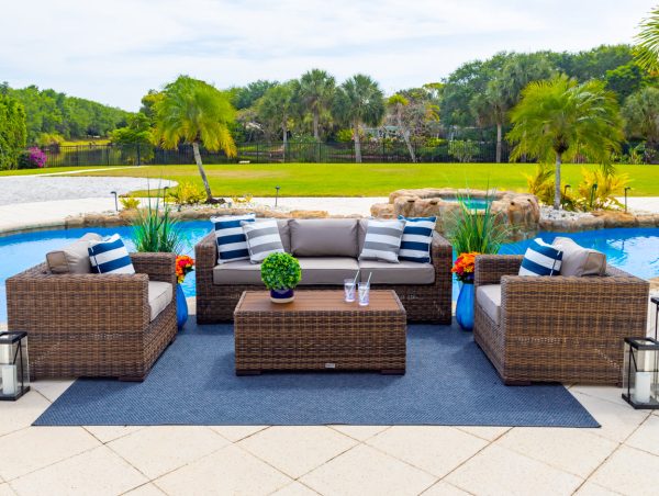 Tuscany 4 Piece L Outdoor Patio Conversation Sofa Set in Brown - Image 3