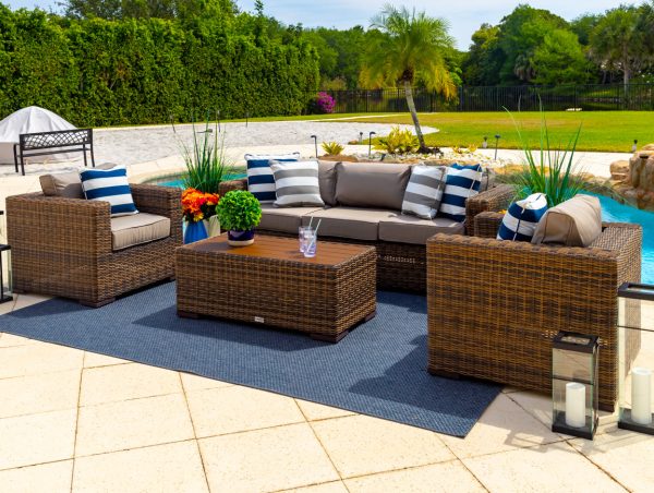 Tuscany 4 Piece L Outdoor Patio Conversation Sofa Set in Brown - Image 5
