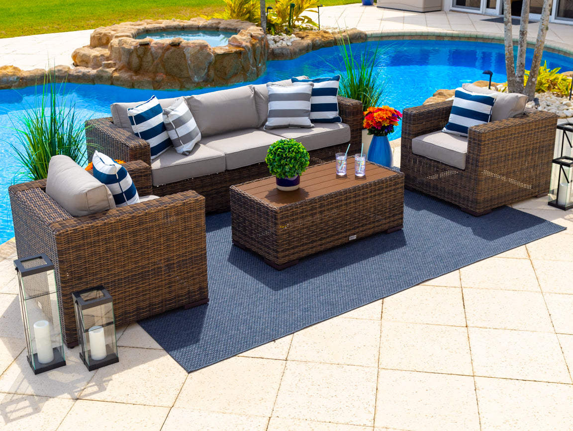 Tuscany 4 Piece L Outdoor Patio Conversation Sofa Set in Brown