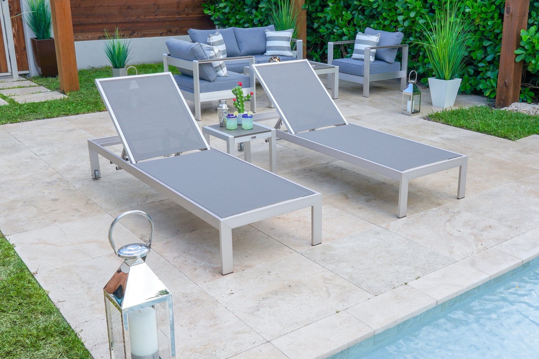 Belvedere 3 Piece Brushed Aluminum Outdoor Chaise Lounge Chair Set