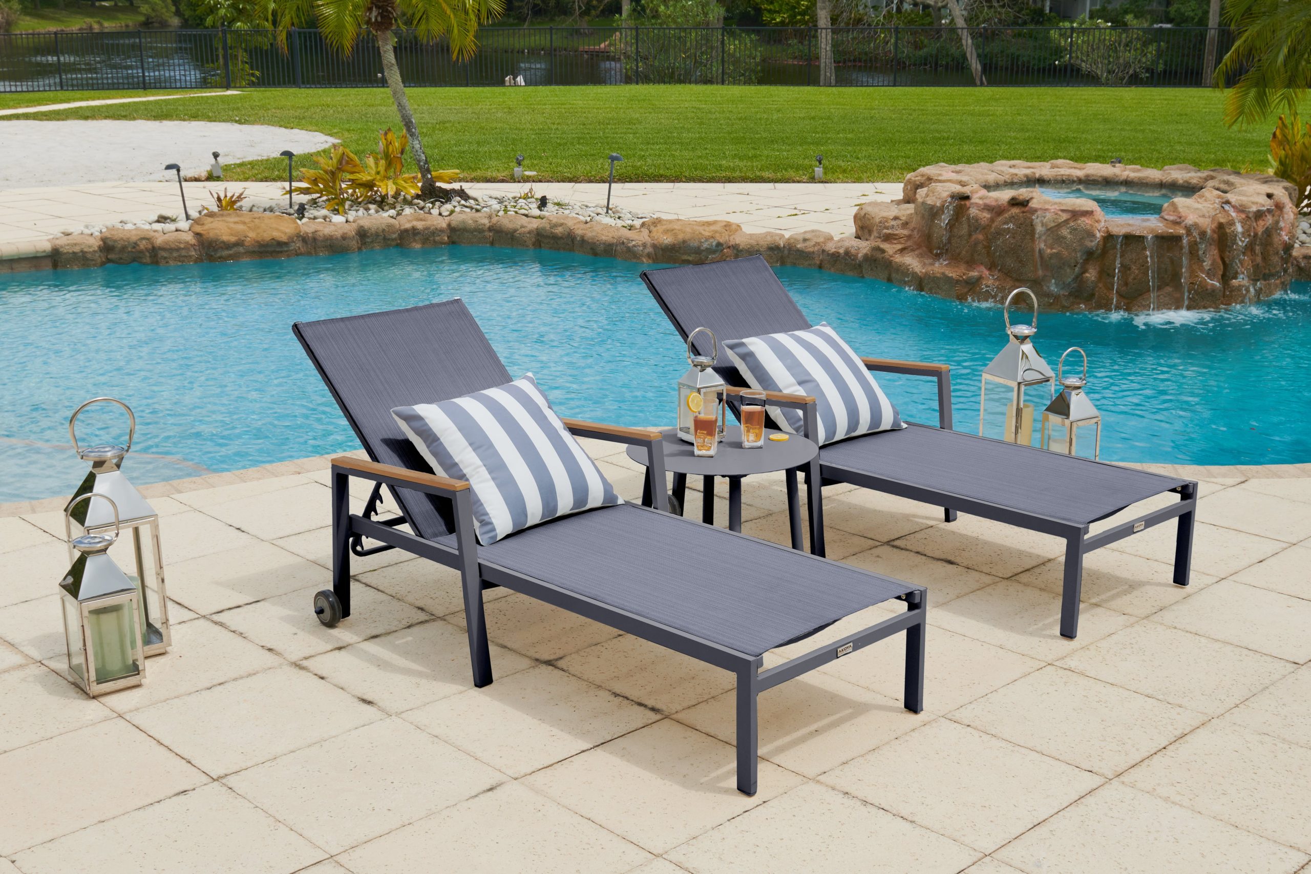 Milan 3 Piece Outdoor Chaise Lounge Chair Set in Charcoal